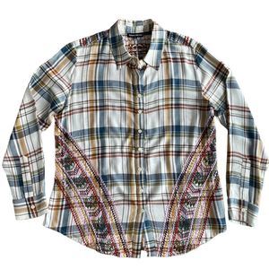Tolani Collection Women's Shirt M Button Up Long Sleeve Plaid Embroidery Boho